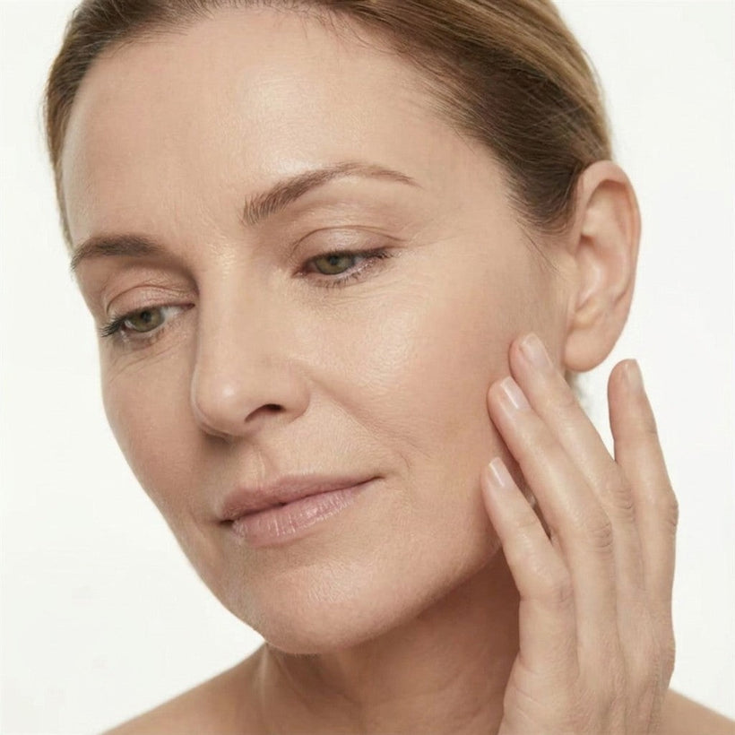 Mujer con un acabado de base natural, como si fuera piel