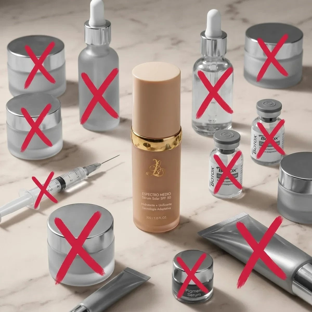 Un frasco en lugar de una estantería llena de cosméticos